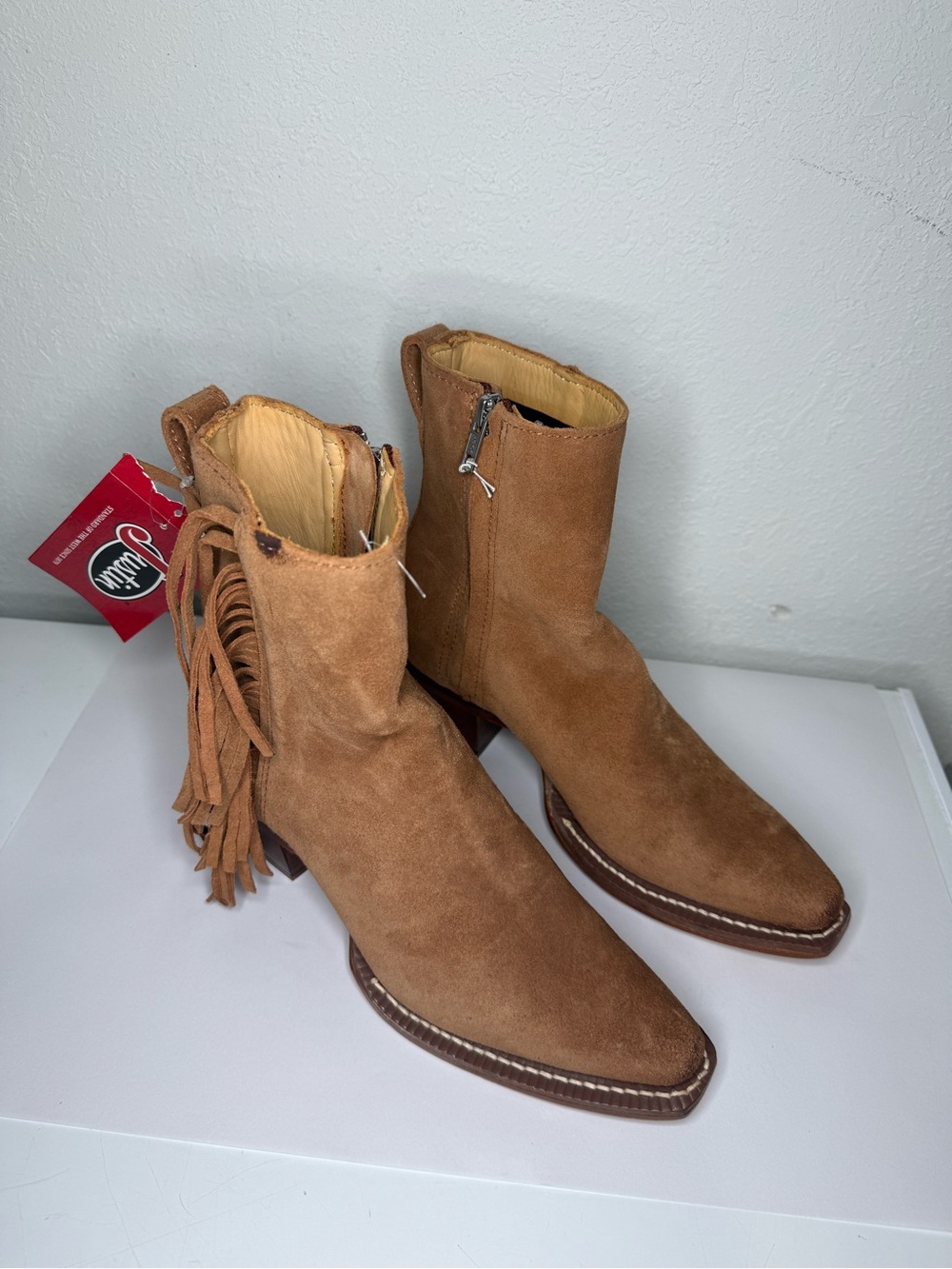 Justin Boots Tan Suede Fringe Ankle Heeled Boots